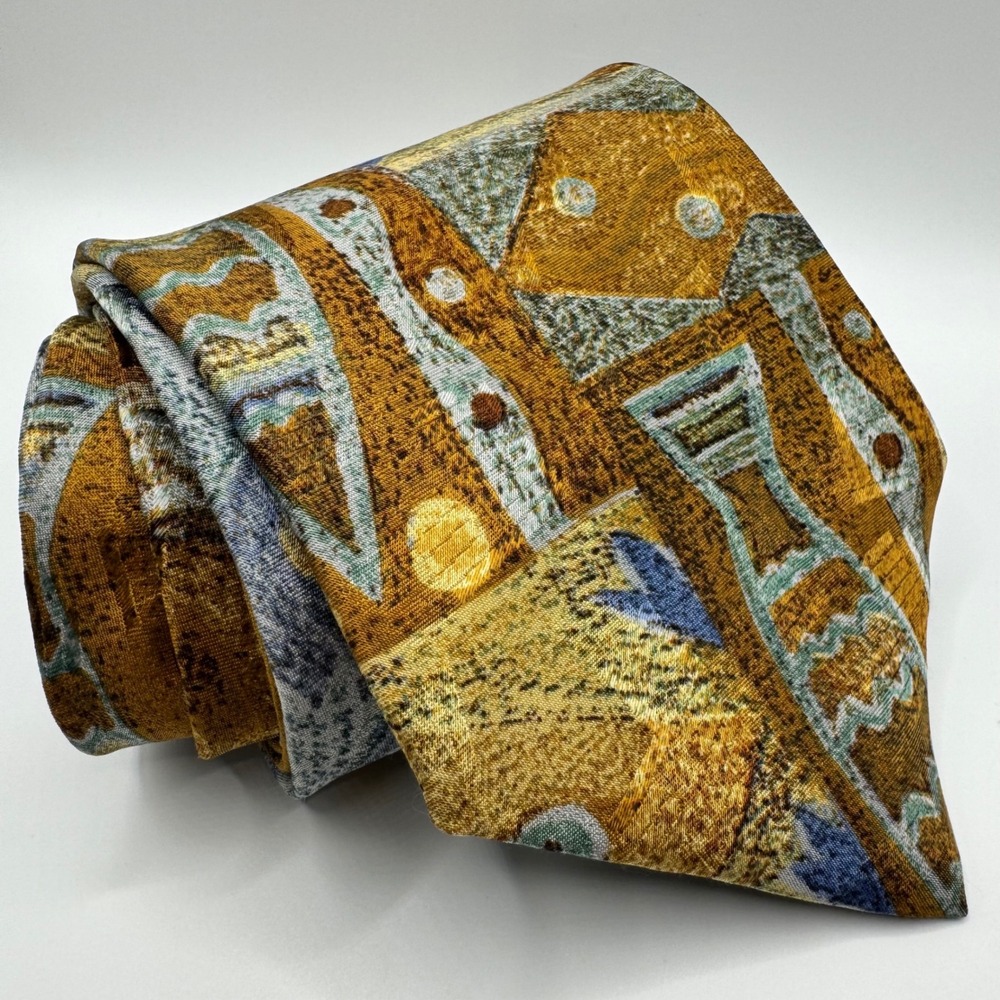 NWT Ermenegildo Zegna Mens Silk Tie Abstract Geometric Gold Blue EZ0J9 D Italy